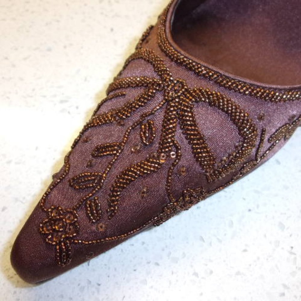 Nina Brown Satin Beaded High Heels SZ 10